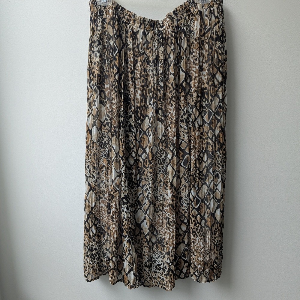 Pull On Midi Skirt Brown Cream Snakeskin Pleated Animal Print 18 Neutral Chic